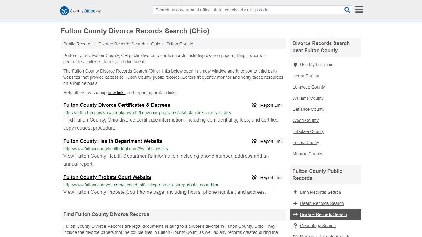 Fulton County Divorce Records Search (Ohio) - County Office